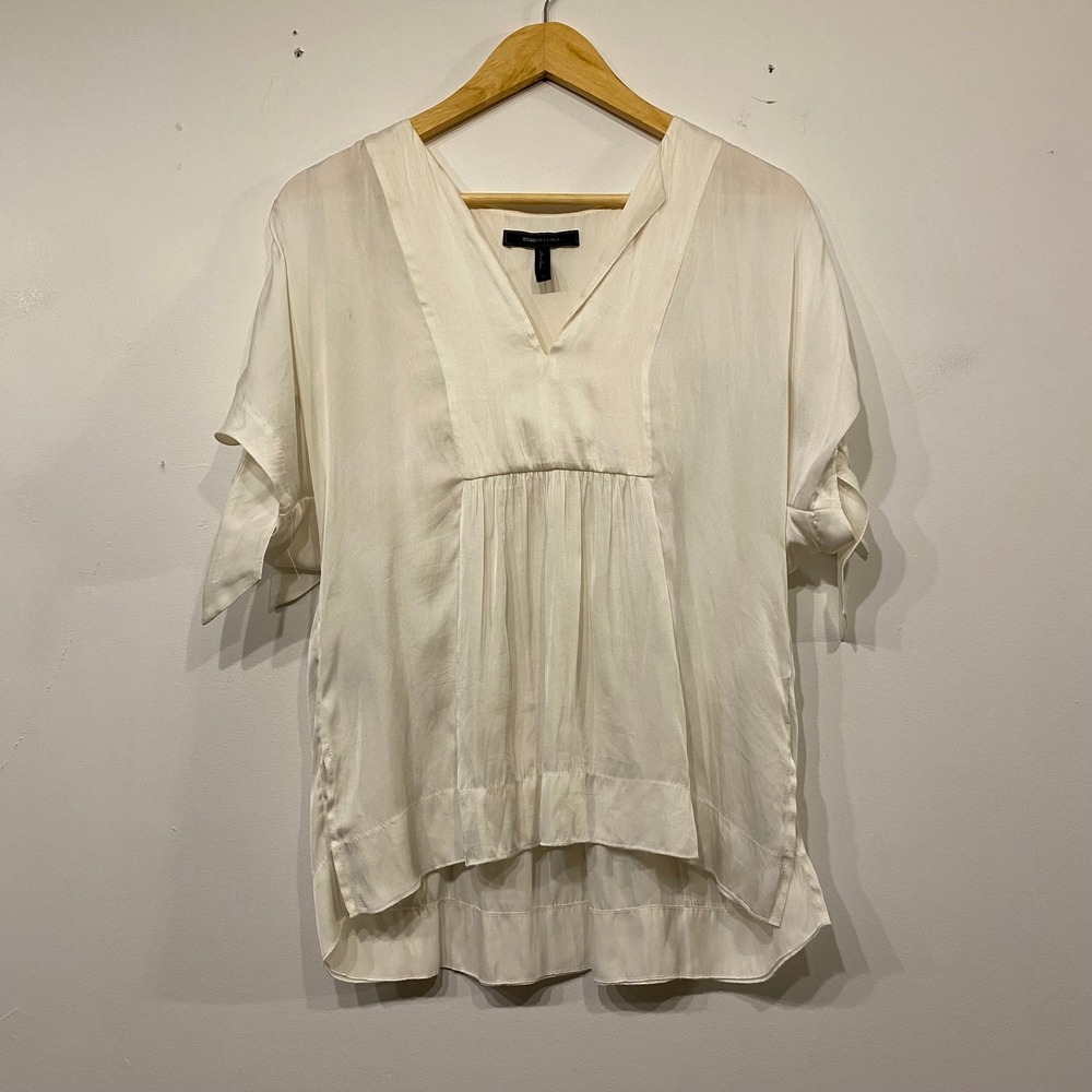 Bcbgmaxazria Cream Satin V-Neck Pleated Empire Waist Tie Sleeve Blouse Small